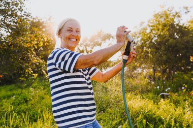 Mutlu yaşlı bir kadın yaz bahçesinde çiçekleri hortumla sularken eğleniyor. Arka planda bir damla su. Çiftçilik, bahçıvanlık, tarım, yaşlı insanlar. Çiftlikte organik sebzeler yetiştiriyor.. 
