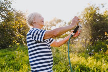 Mutlu yaşlı bir kadın yaz bahçesinde çiçekleri hortumla sularken eğleniyor. Arka planda bir damla su. Çiftçilik, bahçıvanlık, tarım, yaşlı insanlar. Çiftlikte organik sebzeler yetiştiriyor.. 