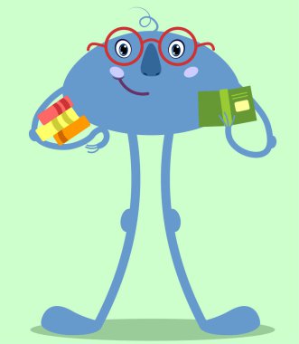 Mavi çizgi film canavarı elinde kitap tutar ve bir kitap okuma. Canavar karakterin vektör illüstrasyon. Çocuk kitap, tatil dekorasyon, çıkartmalar veya baskı için tasarım.