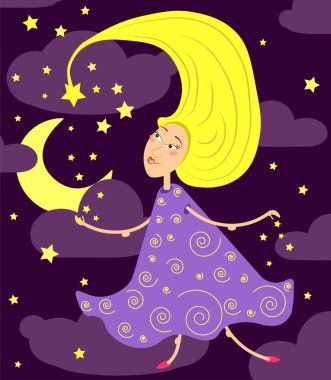 Gece ay ve yıldız ile Peri kız karikatür. Çocuk kitap, tatil dekorasyon, çıkartmalar veya baskı için tasarım.