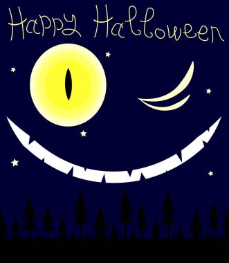 Cadılar Bayramı gecesi, kara orman, ay ve gülümseme. Korkunç koyu mavi arka plan, vektör illüstrasyon.