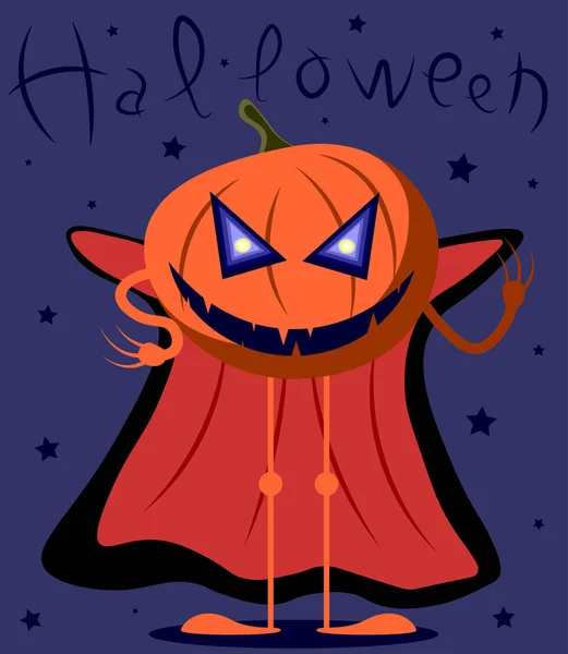 Feliz Halloween Con Calabaza Malvada Una Capa Personaje Dibujos Animados — Archivo Imágenes Vectoriales