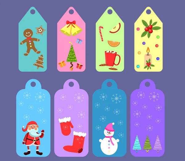 Kinderdekoranhänger Mit Weihnachtsmann Schneemann Lebkuchen Und Feiertagselementen Wie Kerzen Weihnachtsbaum — Stockvektor