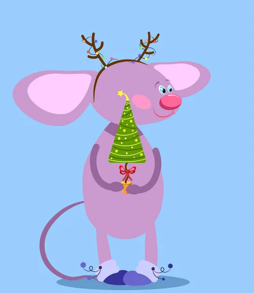 Милая Мышь Крыса Оленьих Рогах Гирляндой Держит Рождественскую Елку Год — стоковый вектор