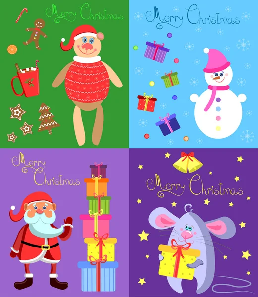 Merry Christmas Cartoon Cards Collection Set Cute Illustrations Gift Boxes — Stock Vector