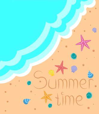 Deniz yıldızı ve kabuklu Summer Beach Vektör Tasarımı. Plaj Tatil kartı, poster ve afiş için Yaz Arkaplan Vektörü İllüstrasyonu.