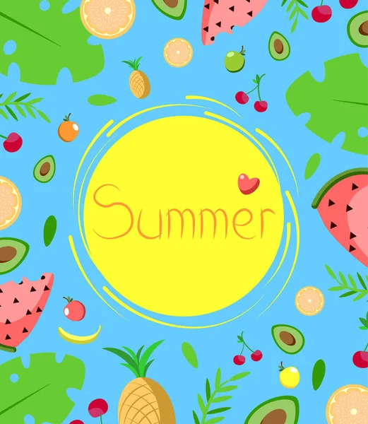 Sommerillustration Mit Früchten Wassermelone Apfel Ananas Avocado Banane Und Orange — Stockvektor