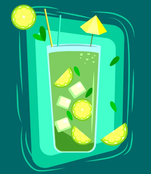 Frischer Cocktail Mit Limetten Minzblättern Regenschirm Und Eiswürfeln Vektor Illustration — Stockvektor