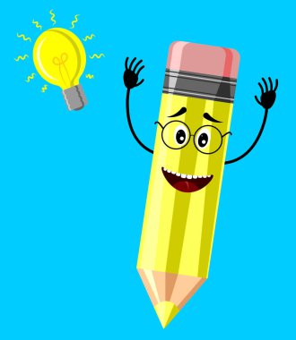 Sarı kalem karakterinin karikatür çiziminin bir fikri var. Eğitim veya okul konsepti tasarımı için vektör illüstrasyonu.