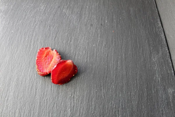 Two Halves Red Strawberry Berry Lie Grey Cutting Stone Black — Stock Photo, Image