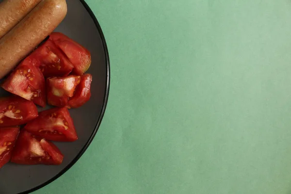 Traditionnel Anglais Européen Petit Déjeuner Saucisses Légumes Tomates Rouges Oeufs — Photo
