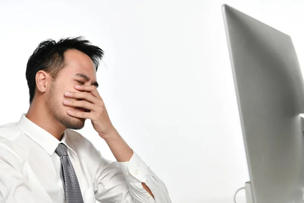 Stressed Business Man Covering His Face His Hand While Working — Stock Photo, Image