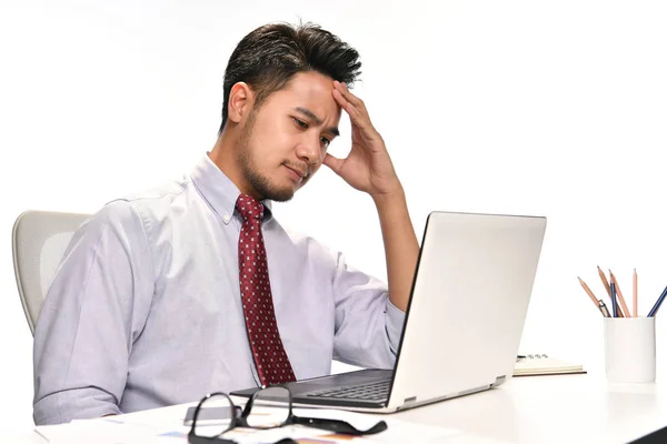 Young Business Man Thinking While Working Laptop Computer — Stock Photo, Image