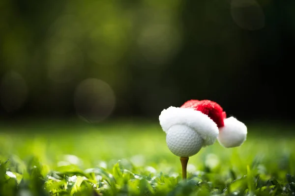 Şenlikli görünümlü golf topu tee golf sahası arka plan üzerinde tatil sezonu için üstte Noel baba nın şapkalı