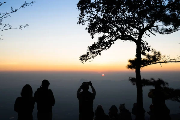 Image Sunrise Orange Yellow Horizon People Silhouette Surrounded Pine Trees — Stock Photo, Image