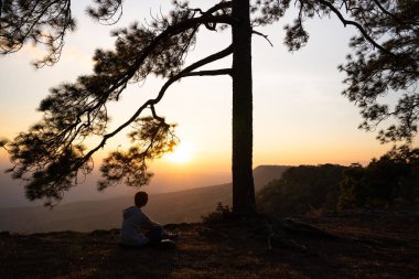 Gündoğumu ve günbatımı ile (Phu kradueng Tayland çam ağaçlarıyla çevrili insanların siluet turuncu ve sarı renkli ufukta görüntüleri )