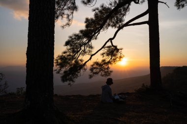 Gündoğumu ve günbatımı ile (Phu kradueng Tayland çam ağaçlarıyla çevrili insanların siluet turuncu ve sarı renkli ufukta görüntüleri )