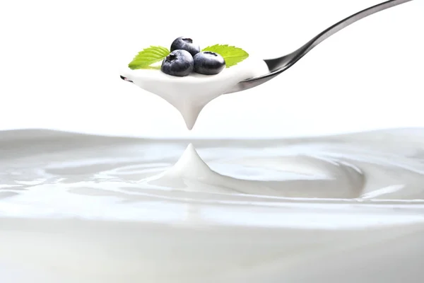 Iogurte Simples Uma Colher Com Mirtilos Frescos Topo Pendurado Acima — Fotografia de Stock