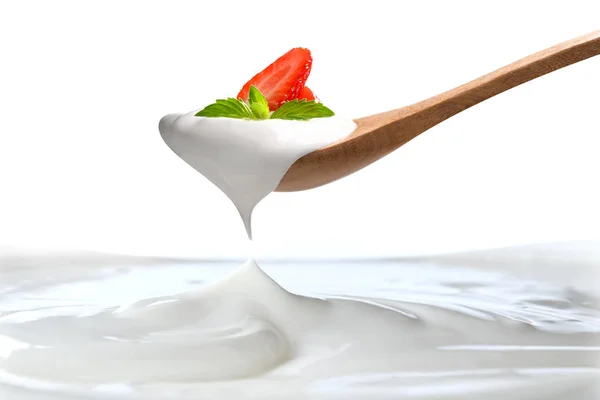 Plain Yogurt Spoon Fresh Strawberry Top Hanging Plain Yogurt Isolated — Stock Photo, Image