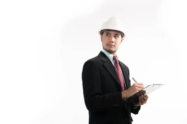 Retrato Ingeniero Asiático Arquitecto Sonriendo Escribiendo Bloc Notas Aislado Sobre —  Fotos de Stock