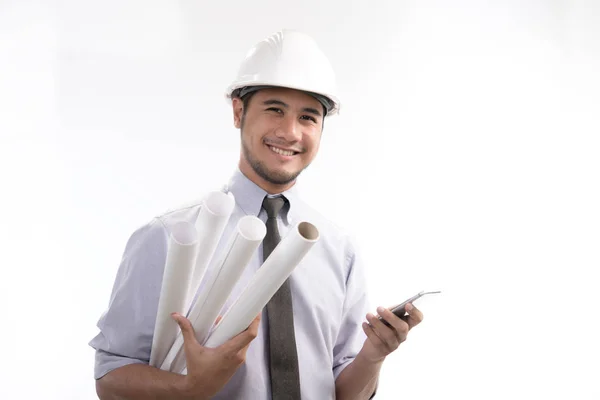 Portrait Asian Engineer Architect Holding Blueprint Smiling Using Cellphone Isolated — Stock Photo, Image