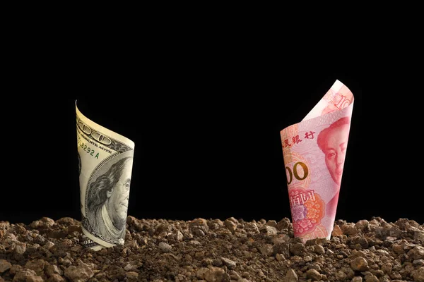 Image of China Yuan banknote and US dollar banknote on top of soil for business, saving, growth, economic concept on black background
