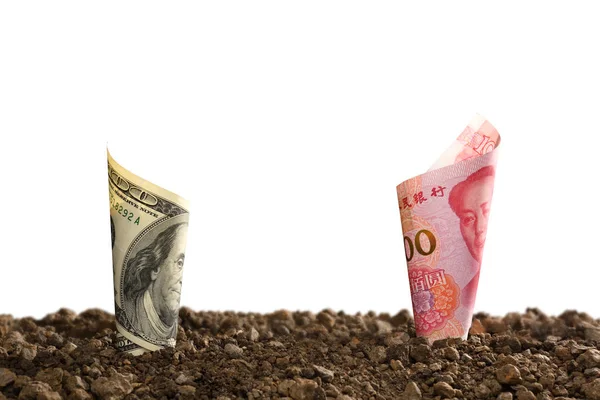 Obraz Chin Yuan Banknotów Nas Banknotów Dolara Wierzchu Gleby Dla — Zdjęcie stockowe