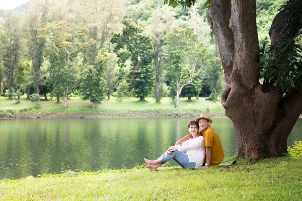 Imagen Feliz Pareja Ancianos Asiáticos Románticos Aire Libre Parque —  Fotos de Stock