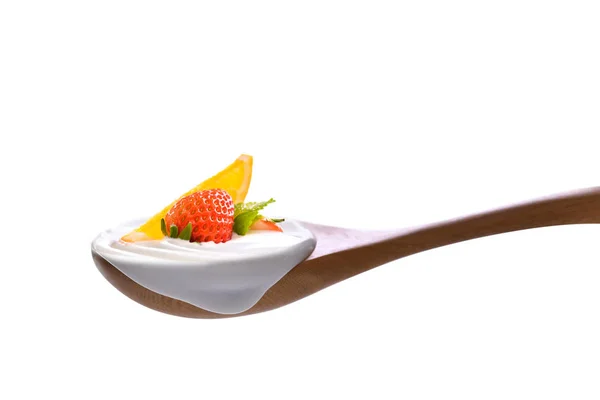 Iogurte Simples Colher Com Frutas Frescas Topo Isolado Fundo Branco — Fotografia de Stock
