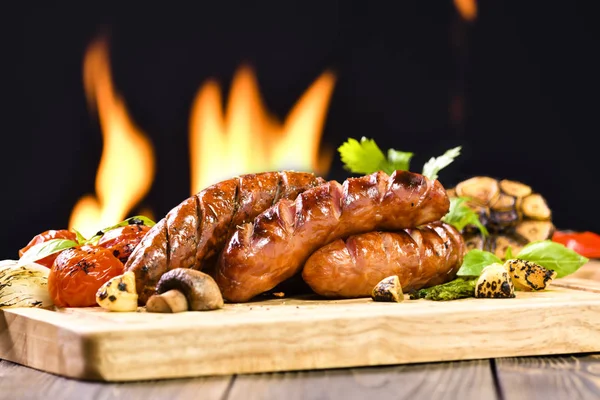 Grilled Sausages Various Vegetables Chopping Wood — Stock Photo, Image