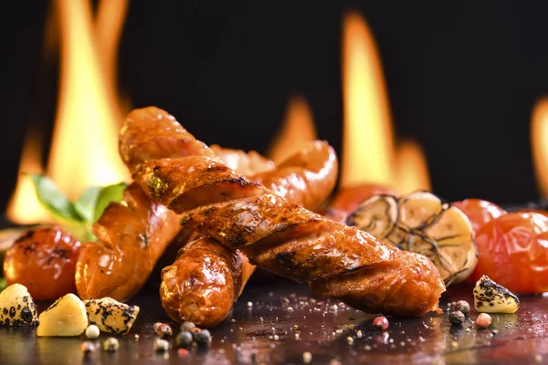 Grilled Sausages Various Vegetables Black Stone Background — Stock Photo, Image