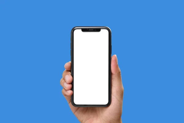 Hand Hålla Den Svarta Smartphone Med Blank Skärm Och Modern — Stockfoto