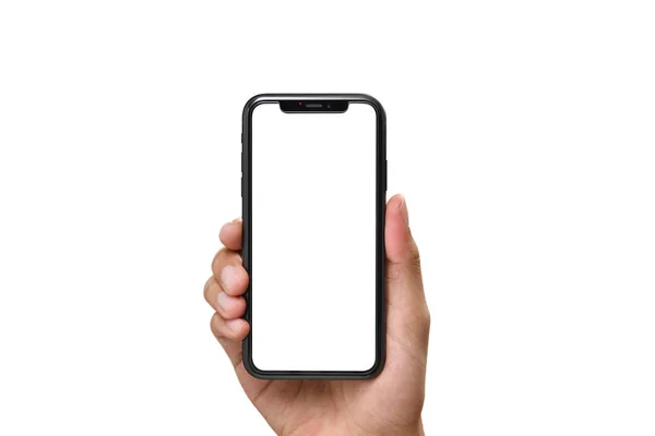 Hand Hålla Den Svarta Smartphone Med Blank Skärm Och Modern — Stockfoto