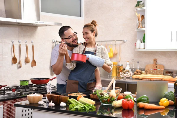 Loving Young Asian Couple Cooking Kitchen Making Healthy Food Together — Stock Photo, Image