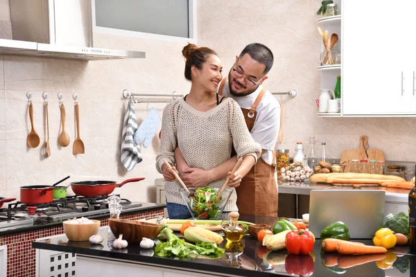 Loving Young Asian Couple Cooking Kitchen Making Healthy Food Together — Stock Photo, Image