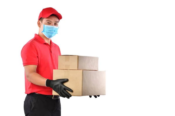 Feliz Jovem Homem Entrega Asiática Uniforme Vermelho Máscara Facial Médica — Fotografia de Stock