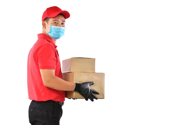 Feliz Jovem Homem Entrega Asiática Uniforme Vermelho Máscara Facial Médica — Fotografia de Stock