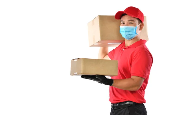 Feliz Jovem Homem Entrega Asiática Uniforme Vermelho Máscara Facial Médica — Fotografia de Stock