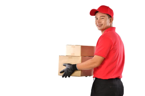 Asiatisk Leverans Man Röd Uniform Med Paket Kartong Isolerad Vit — Stockfoto