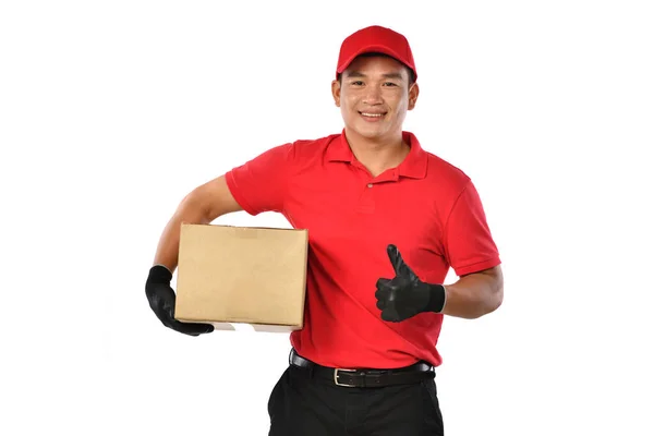 Asian Delivery Man Red Uniform Parcel Cardboard Box Isolated White — Stock Photo, Image