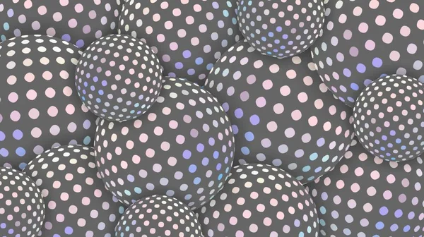 Creative dotted spheres 3d illustration. Wallpaper trend. Pastel pink blue mosaic on gray balls.