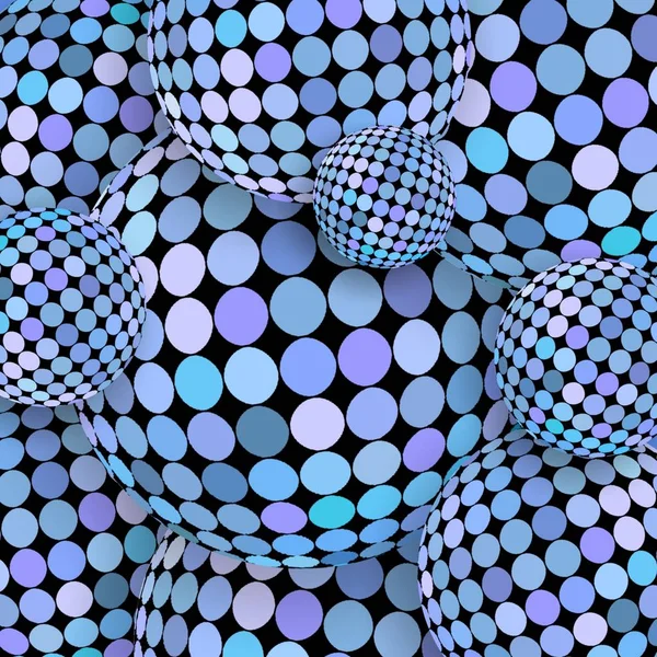Shimmer blue lilac mirror mosaic disco balls 3d illustration. Trendy background. Flicker dynamic spheres pattern abstraction.
