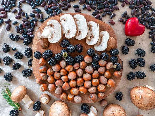 Top view of autumn delicious harvest on a beautiful slice of pear tree.