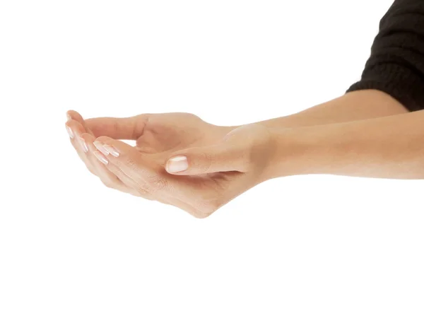 Жінка Тримає Руки Відкритими Білий Фон Ізольовані — стокове фото
