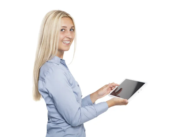 Young Blonde Woman Blue Eyes Holds Tabletbook Her Hands Laughs — Stock Photo, Image
