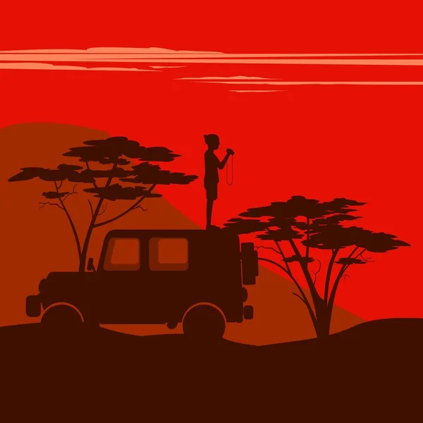 Mann Steht Auto Vor Dem Hintergrund Der Afrikanischen Savanne — Stockvektor