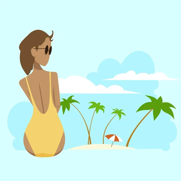 Tanned Girl Yellow Swimsuit Palm Trees Parasol Clouds — Stock Vector