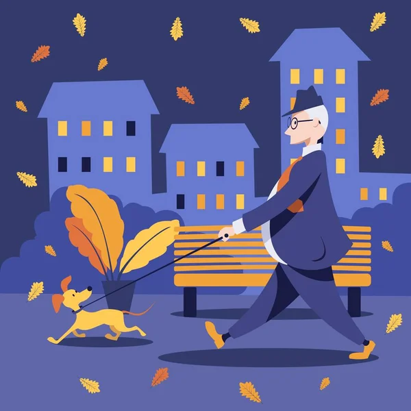 Middle Aged Man Suit Walks Outdoors His Dog Autumn Evening — Stock Vector