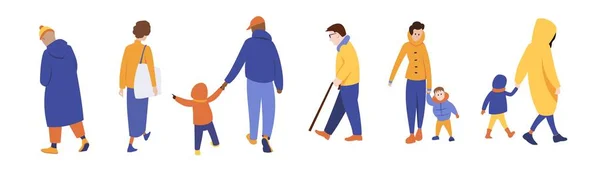 Group People Outerwear Men Women Walking Children Elderly People Strolling — Stock Vector