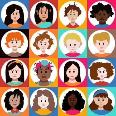 Çocuklar Avatar Set Vektör. Oğlanlar ve kızlar. Sevimli görüntü. Komik Avatar. Yuvarlak Portre.Flat Çizgi Film Karakter İllüstrasyon